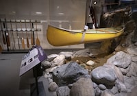 This canoe that belonged to Canadian singer/songwriter Gordon Lightfoot, on display at the Canadian Canoe Museum in Peterborough, Ont., is photographed on Oct 7, 2021. Fred Lum/The Globe and Mail. Lightfoot was in a group was paddling the South Nahanni River when this canoe ended wrapped around a boulder while it was being lined through a boulder garden. The current museum is built on land that is toxic and will be moving to another location in Peterborough that will also be on the water.