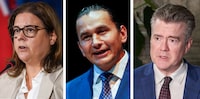 In this composite image made from three photographs, from left to right, Progressive Conservative Party of Manitoba Leader Heather Stefanson speaks during a news conference in Whistler, B.C., Tuesday, June 27, 2023; Manitoba NDP Leader Wab Kinew speaks at the Canadian Mennonite University in Winnipeg, Wednesday, Aug. 16, 2023; and Manitoba Liberal Party Leader Dougald Lamont speaks to the media at the Legislature building, in Winnipeg, Tuesday, March 7, 2023. THE CANADIAN PRESS/Darryl Dyck, John Woods, David Lipnowski