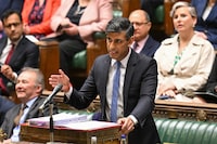 A handout photograph released by the UK Parliament shows Britain's Prime Minister Rishi Sunak speaking during the weekly session of Prime Minister's Questions (PMQs) in the House of Commons, in central London, on May 1, 2024. (Photo by UK PARLIAMENT / AFP) / RESTRICTED TO EDITORIAL USE - NO USE FOR ENTERTAINMENT, SATIRICAL, ADVERTISING PURPOSES - MANDATORY CREDIT " AFP PHOTO / UK Parliament" (Photo by -/UK PARLIAMENT/AFP via Getty Images)