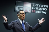 FILE - Toyota Motor Corp. Chief Executive Akio Toyoda delivers a speech on the stage at the Tokyo Auto Salon, an industry event similar to the world's auto shows on Jan. 13, 2023, in Chiba near Tokyo. Toyota Motor Corp. said Thursday, Jan. 26, 2023, that Toyoda will become chairman. He will be replaced as CEO by the automaker's chief branding officer, Koji Sato. (AP Photo/Eugene Hoshiko, File)