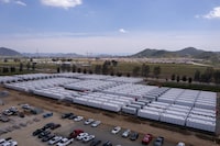 A drone view shows California's largest battery storage facility, as it nears completion on a 43-acre site in Menifee, California, U.S., March 28, 2024. REUTERS/Mike Blake