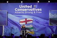 UCP Leader Danielle Smith makes her victory speech in Calgary on Monday May 29, 2023. Alberta's United Conservative Party rode a wave of rural support Monday to win a renewed majority in the provincial election _ but not before the NDP took a big bite out of its support.  THE CANADIAN PRESS/Jeff McIntosh