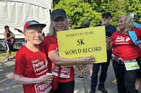 Ninety-six year old Rejeanne Fairhead, left, shown in this handout image, says until two years ago the most athletic things she had ever done involved bowling and horse shoes. Now she is a world-record holding racer. Fairhead completed the 5K race at the Tamarack Ottawa Race Weekend Saturday in just over 51 minutes.THE CANADIAN PRESS/HO-Tamarack Ottawa Race Weekend
**MANDATORY CREDIT **