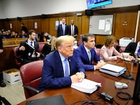 NEW YORK, NEW YORK - APRIL 26: Former U.S. President Donald Trump (L) appears in court with his attorneys Todd Blanche, and Susan Necheles during his trial for allegedly covering up hush money payments at Manhattan Criminal Court on April 26, 2024 in New York City. Former U.S. President Donald Trump faces 34 felony counts of falsifying business records in the first of his criminal cases to go to trial.  (Photo by Curtis Means-Pool/Getty Images)
