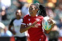 PERTH, AUSTRALIA - JANUARY 28: Asia Hogan-Rochester of Canada runs in for a try the 2024 Perth SVNS women's match between Fiji and Canada at HBF Park on January 28, 2024 in Perth, Australia. (Photo by Paul Kane/Getty Images)
