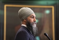 New Democratic Party Leader Jagmeet Singh speaks with reports before attending Question Period, in Ottawa on May 9, 2023. THE CANADIAN PRESS/Adrian Wyld