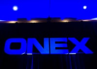 The Onex Corporation logo is displayed at the company's annual general meeting in Toronto on May 10, 2012.&nbsp; THE CANADIAN PRESS/Nathan Denette