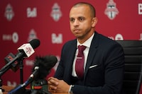Jason Hernandez, the newly-appointed general manager of Toronto FC, speaks to the media during a press conference in Toronto on Tuesday, June 27, 2023. THE CANADIAN PRESS/Arlyn McAdorey