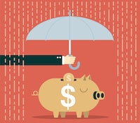Businessman with umbrella protecting his piggy bank. Saving money concept