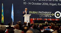 U.S. Secretary of State John Kerry delivers his keynote address to promote U.S. climate and environmental goals, at the Meeting of the Parties to the Montreal Protocol on the elimination of hydro fluorocarbons (HFCs) use, held in Rwanda's capital Kigali, October 14, 2016.