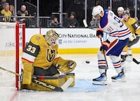 LAS VEGAS, NEVADA - FEBRUARY 06: Adin Hill #33 of the Vegas Golden Knights makes a save against Evander Kane #91 of the Edmonton Oilers in the third period of their game at T-Mobile Arena on February 06, 2024 in Las Vegas, Nevada. (Photo by Ethan Miller/Getty Images)