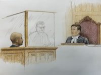 Yannick Bandaogo (left) appears in court before Justice Geoffrey Gaulin in New Westminster, B.C., on Monday, May 29, 2023 in this artist's sketch. The sentencing hearing for Bandaogo, who attacked numerous people in a fatal North Vancouver stabbing spree two years ago, continues in New Westminster, with family members calling him a "monster" for shattering many lives. THE CANADIAN PRESS/Jane Wolsak