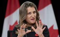 Deputy Prime Minister and Minister of Finance Chrystia Freeland speaks during a news conference, Tuesday, November 7, 2023 in Ottawa. THE CANADIAN PRESS/Adrian Wyld