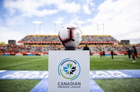The game ball sits on a pedestal ahead of the soccer match of the Canadian Premier League between Forge FC of Hamilton and York 9 in Hamilton, Ont., Saturday, April 27, 2019. The Canadian Premier League is expanding its playoffs to include a fifth team. THE CANADIAN PRESS/Aaron Lynett