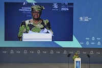 World Trade Organization Director-General Ngozi Okonjo-Iweala speaks at a WTO summit in Abu Dhabi, United Arab Emirates, Monday, Feb. 26, 2024. The World Trade Organization opened its biennial meeting Monday in the United Arab Emirates as the bloc faces pressure from the United States and other nations ahead of a year of consequential elections around the globe. (AP Photo/Jon Gambrell)