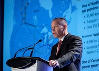 TransCanada Corp. president and CEO Russ Girling addresses the company's annual meeting in Calgary, Friday, April 27, 2018.THE CANADIAN PRESS/Jeff McIntosh