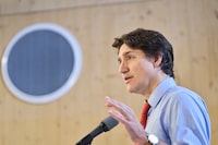 Prime Minister Justin Trudeau speaks during a press conference at the Stationview YMCA Childcare Centre in St. Thomas, Ont., Monday, May 13, 2024. THE CANADIAN PRESS/Geoff Robins