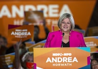 Ontario NDP Leader Andrea Horwath speaks to supporters during her campaign event in Hamilton, Ont., Thursday, June 2, 2022.&nbsp;Ontario Premier Doug Ford has called a byelection for next month to fill the Hamilton seat left vacant by Horwath.THE CANADIAN PRESS/Tara Walton