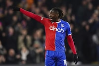 Crystal Palace's Eberechi Eze celebrates scoring his side's second goal of the game during the Premier League match between Sheffield United and Crystal Palace at Selhurst Park, London, Tuesday Jan. 30, 2024. (John Walton/PA via AP)