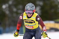 Canada's Brittany Phelan celebrates after competing in the women's big final of the ski cross event of the FIS World Cup at Idre Fjäll, Sweden, on March 22, 2024. Secon (Photo by Anders WIKLUND / TT News Agency / AFP) / Sweden OUT (Photo by ANDERS WIKLUND/TT News Agency/AFP via Getty Images)