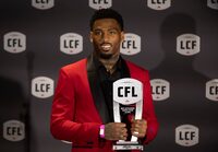 Toronto Argonauts' Javon Leake with his award for the Most Outstanding Special Teams Player at the 2023 Canadian Football League (CFL) Awards in Niagara Falls, Ont. Thursday, November 16, 2023.THE CANADIAN PRESS/Tara Walton
