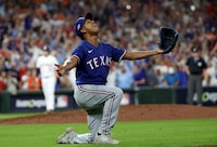 Oct 23, 2023; Houston, Texas, USA; Texas Rangers pitcher Jose Leclerc (25) reacts after winning game seven in the ALCS against the Houston Astros for the 2023 MLB playoffs at Minute Maid Park. Mandatory Credit: Thomas Shea-USA TODAY Sports