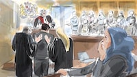 Justice Molloy, top, looks on as defence lawyers Nader Hasan, left, and Alexandra Heine, second from right, place their hands on the shoulders of their client Umar Zameer, as Zameer's wife Aaida Shaikh, right, looks on during the reading of the verdict in a courtroom sketch, in Toronto, Sunday, April 21, 2024. Zameer, accused of fatally running over a Toronto police officer, sobbed with relief after a jury found him not guilty in the officer's death. THE CANADIAN PRESS/Alexandra Newbould