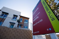 FILE PHOTO: New contemporary attached residential homes are shown for sale by Beazer Homes USA Inc. in Vista, California, U.S., October 24, 2023. REUTERS/Mike Blake/File Photo