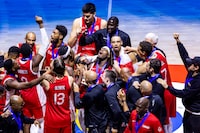 MANILA, PHILIPPINES - SEPTEMBER 10: Canadian team celebrates after winning the FIBA Basketball World Cup 3rd Place game between USA and Canada at Mall of Asia Arena on September 10, 2023 in Manila, Philippines. (Photo by Ezra Acayan/Getty Images)