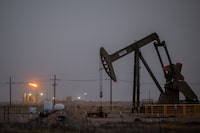 An oil pumpjack in field on March 24, 2024 in Coyanosa, Texas