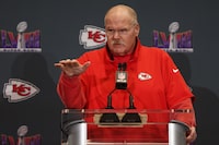 HENDERSON, NEVADA - FEBRUARY 08: Head coach Andy Reid of the Kansas City Chiefs speaks to the media during during Kansas City Chiefs media availability ahead of Super Bowl LVIII at Westin Lake Las Vegas Resort and Spa on February 08, 2024 in Henderson, Nevada. (Photo by Jamie Squire/Getty Images)