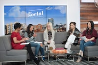 Nicholle Anderson (CENTRE, blonde) is photographed during a dress rehearsal for an appearance on CTV's The Social, on Nov 16 2017. From left are co hosts Marci Ien, Lainey Lui,  Anderson (guest) Melissa Grelo and Cynthia Loyst. In Sept 2016, Anderson was diagnosed with nasopharyngeal carcinoma, a rare type of head and neck cancer that starts in the upper part of the throat behind the nose, and with treatment, was declared cancer free earlier this year. Married to Ottawa Senators goalie Craig Anderson, she's now speaking as a voice for cancer survivors as a Hockey Fights Cancer ambassador with the NHL. (Fred Lum/The Globe and Mail)