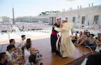 This handout picture taken and released by the Vatican press office, the Osservatore Romano on April 21, 2018, shows Pope Francis greeting the Archbishop of Bologna, Bishop Matteo Zuppi, as believers from the Bologna and Cesena dioceses gather on April 21, 2018 in St Peter's Square at the Vatican.  / AFP PHOTO / VATICAN MEDIA / HO / RESTRICTED TO EDITORIAL USE - MANDATORY CREDIT "AFP PHOTO / OSSERVATORE ROMANO" - NO MARKETING NO ADVERTISING CAMPAIGNS - DISTRIBUTED AS A SERVICE TO CLIENTS

HO/AFP/Getty Images