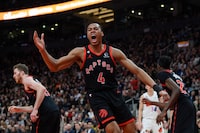 Toronto Raptors forward Scottie Barnes (4) reacts after scoring during first half NBA basketball action against the Miami Heat, in Toronto on Tuesday, March 28, 2023. The Raptors are returning to British Columbia for training camp.
The NBA club announced Friday that it will open camp for the 2023-24 season on Oct. 3 at Christine Sinclair Community Centre in Burnaby. THE CANADIAN PRESS/Christopher Katsarov