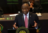 FILE PHOTO: South African President Cyril Ramaphosa responds to a parliamentary debate on his state of the nation address in Cape Town, South Africa, February 16, 2023. REUTERS/Esa Alexander/File Photo