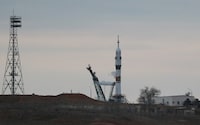 A view shows the Soyuz MS-25 spacecraft, with the International Space Station (ISS) crew formed of NASA astronaut Tracy Dyson, Roscosmos cosmonaut Oleg Novitskiy and spaceflight participant Marina Vasilevskaya of Belarus inside it, on the launchpad shortly before the launch got cancelled, at the Baikonur Cosmodrome, Kazakhstan, March 21, 2024. REUTERS/Pavel Mikheyev