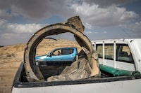 Pieces of an Iranian missile in a pickup truck outside Arad, Israel, on Sunday, April 14, 2024. As Biden urged Israel to show restraint, Iran signaled that it would not strike further unless attacked. Calm mostly prevailed in Israel after Iran fired hundreds of missiles and drones overnight, nearly all of them intercepted. (Sergey Ponomarev/The New York Times)