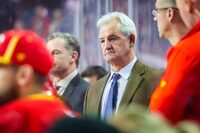 Mar 12, 2023; Calgary, Alberta, CAN; Calgary Flames head coach Darryl Sutter on his bench against the Ottawa Senators during the third period at Scotiabank Saddledome. Mandatory Credit: Sergei Belski-USA TODAY Sports