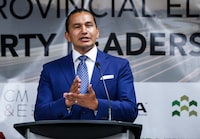 NDP Leader Wab Kinew says if his party wins the Oct. 3 election he would spend $5 million a year to set up a centre of excellence for cardiac care. Kinew speaks at the Party Leaders Forum in Winnipeg, Tuesday, Sept. 12, 2023. THE CANADIAN PRESS/John Woods