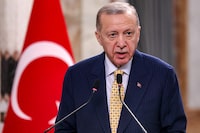 FILE PHOTO: Turkey's President Recep Tayyip Erdogan speaks during a joint statement to the media in Baghdad, Iraq April 22, 2024.     AHMAD AL-RUBAYE/Pool via REUTERS/File Photo