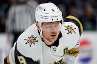 SEATTLE, WASHINGTON - MARCH 12: Jack Eichel #9 of the Vegas Golden Knights looks on during the first period against the Seattle Kraken at Climate Pledge Arena on March 12, 2024 in Seattle, Washington. (Photo by Steph Chambers/Getty Images)
