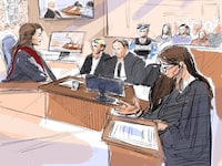 Justice Renee Pomerance (left to right), Nathaniel Veltman, defence counsel Peter Ketcheson and federal prosecutor Sarah Shaikh attend court at Veltman's trial in Windsor, Ont., Monday, Sept.11, 2023. The jury at the trial of a man facing terror-related murder charges in the deaths of four members of a Muslim family in Ontario is set to hear from more witnesses today. THE CANADIAN PRESS/Alexandra Newbould