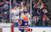 Edmonton Oilers' Zach Hyman (18) celebrates a goal against the Vegas Golden Knights during second period NHL action in Edmonton on Wednesday April 10, 2024.THE CANADIAN PRESS/Jason Franson 