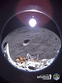 This image courtesy of Intuitive Machines, shows the Intuitive Machines' Odysseus lunar lander's farewell transmission from February 22, 2024, before its power was depleted, received February 29, showing the crescent Earth in the background viewed from the lunar surface. The US spacecraft that touched down on the Moon last week and is currently running on solar power will soon be "put to sleep" once lunar night kicks in, mission officials said February 28.
But while the mission that saw the first ever Moon landing by a private company is coming to an end, Intuitive Machines CEO Steve Altemus told reporters that there are hopes to "wake it up" in about three weeks, when the Sun is out again. (Photo by Handout / Intuitive Machines / AFP) / RESTRICTED TO EDITORIAL USE - MANDATORY CREDIT "AFP PHOTO/Intuitive Machines" - NO MARKETING NO ADVERTISING CAMPAIGNS - DISTRIBUTED AS A SERVICE TO CLIENTS (Photo by HANDOUT/Intuitive Machines/AFP via Getty Images)