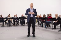 David Mirvish speaks before the cast perform a song of Mirvish's "Come From Away" as they hold a meet-and-greet as they prepare to open the musical in early 2018, in Toronto on Thursday, November 30, 2017. Canada’s largest theatre company has unveiled its 2023-24 Off-Mirvish season lineup, featuring four critically acclaimed plays.THE CANADIAN PRESS/Nathan Denette