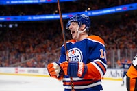 EDMONTON, CANADA - APRIL 22: Zach Hyman #18 of the Edmonton Oilers celebrates a goal against the Los Angeles Kings during the second period in Game One of the First Round of the 2024 Stanley Cup Playoffs at Rogers Place on April 22, 2024, in Edmonton, Canada.  (Photo by Codie McLachlan/Getty Images)