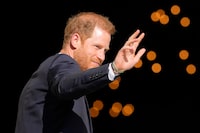 Prince Harry waves as he arrives at St Paul's Cathedral for a 'Service of Thanksgiving' celebrating 10 years of the Invictus Games Foundation, in London, Wednesday, May 8, 2024. (AP Photo/Kirsty Wigglesworth)