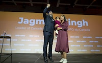 NDP Leader Jagmeet Singh and wife Gurkiran Kaur Sidhu have welcomed their second baby girl. Singh is joined on stage by Sidhu and their daughter, Anhad Kaur, following a speech at the NDP convention in Hamilton, Ont., Saturday, Oct. 14, 2023. THE CANADIAN PRESS/Peter Power