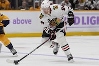 Chicago Blackhawks right wing Corey Perry (94) plays during the first period of an NHL hockey game against the Nashville Predators, Saturday, Nov. 18, 2023, in Nashville, Tenn. (AP Photo/George Walker IV)