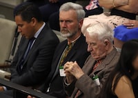 Yaroslav Hunka, right, waits for the arrival of Ukrainian President Volodymyr Zelenskyy in the House of Commons in Ottawa on Friday, Sept. 22, 2023. The University of Alberta is returning endowment funds from the family of Hunka, a Ukrainian man whose military service was linked to the Nazis.THE CANADIAN PRESS/Patrick Doyle